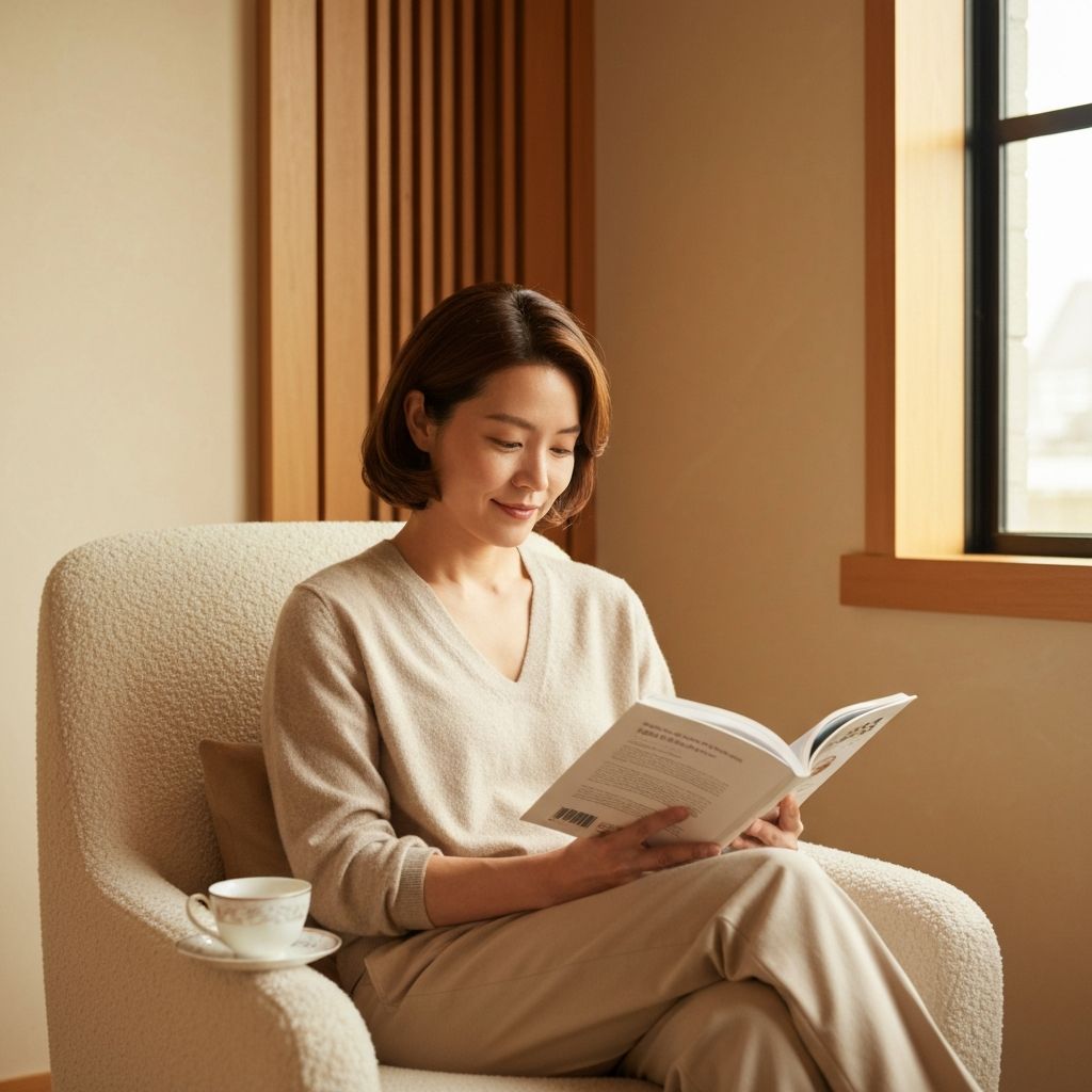 Person reading informational guide in calm, well-lit environment with natural materials nearby