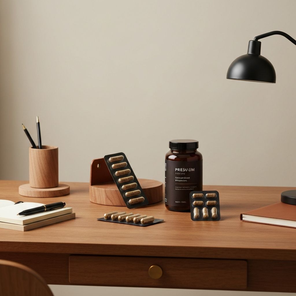 Sophisticated capsule supplement in masculine packaging on wooden desk workspace, professional environment setting